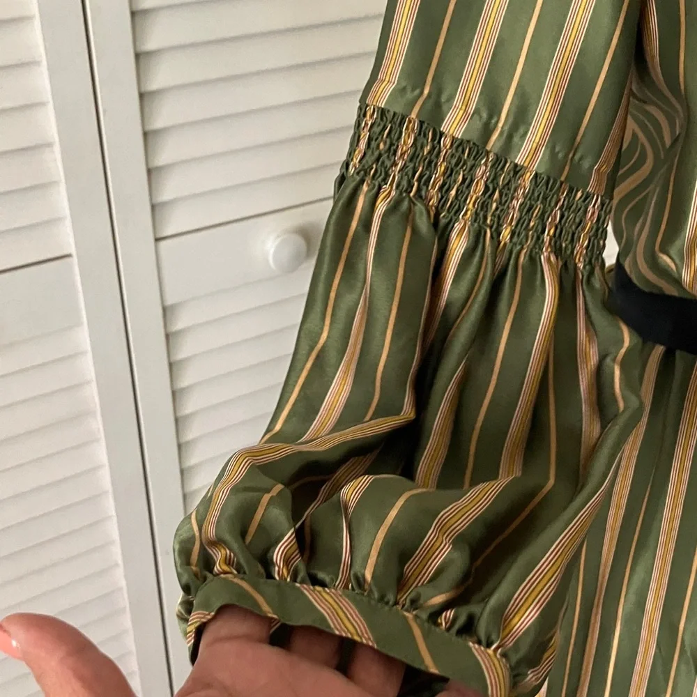 BCBGMaxAzria Olive‎ and Navy  Striped Wrap Midi Dress NWT